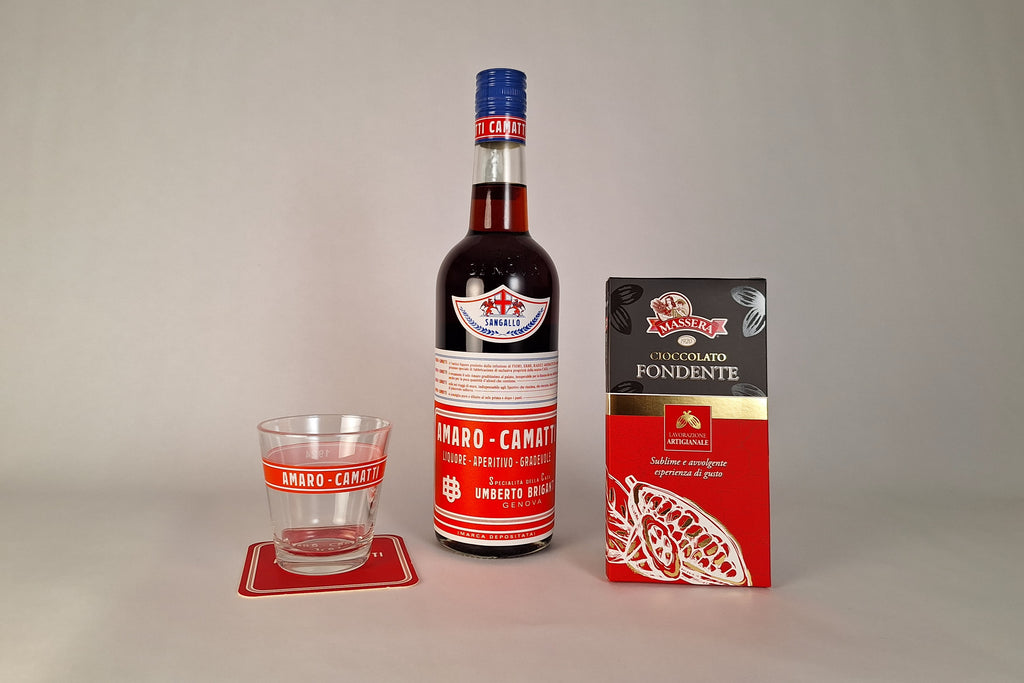 Amaro Camatti kit degustazione con cioccolato artigianale e bicchiere da degustazione