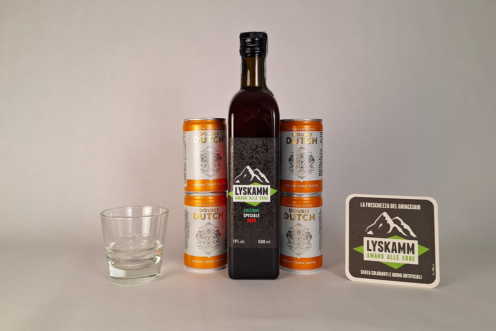 Amaro Lyskamm Kit Regalo – confezione elegante con bottiglia, bicchiere e toniche artigianali