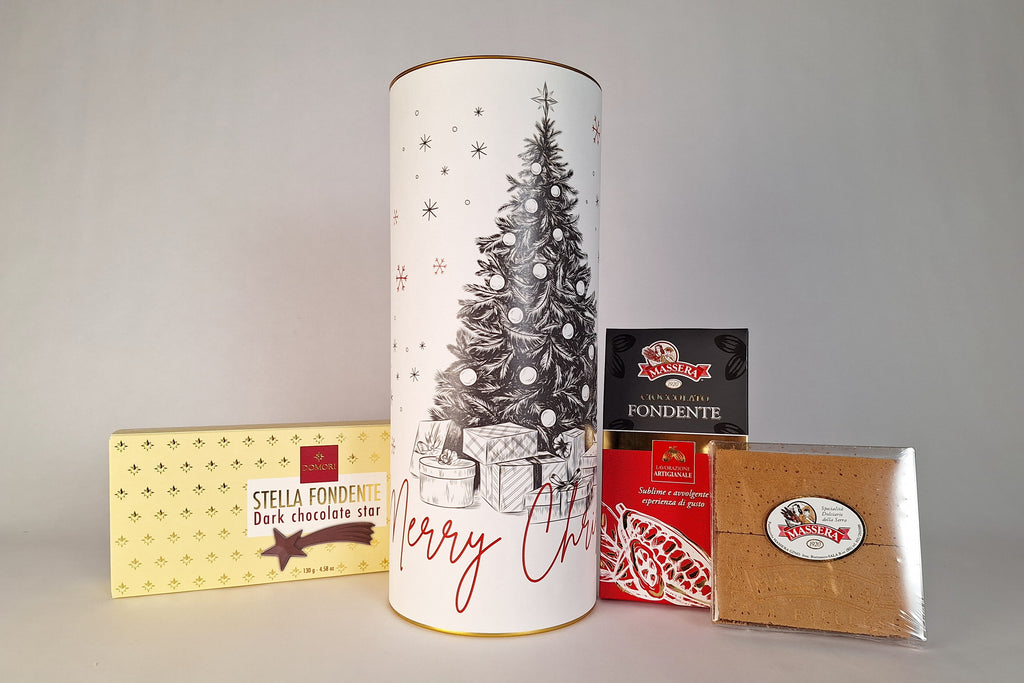 Tubo regalo di Natale Bevande Miscelate con cioccolato Domori e dolci Massera, confezione artigianale elegante e pronta da donare.