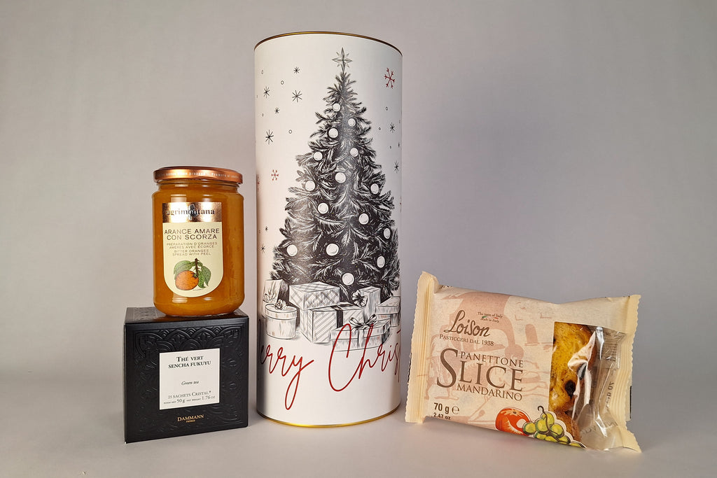 Tubo regalo di Natale Bevande Miscelate con tè Dammann, confettura Agrimontana e panettone Loison, box degustazione artigianale natalizia.