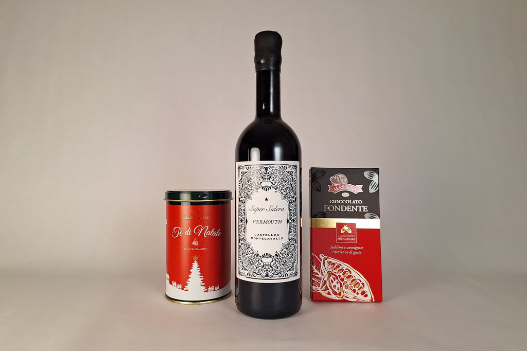 Box natalizia con vermouth Super Sidera del Castello di Montecavallo, tè di Natale e cioccolato artigianale