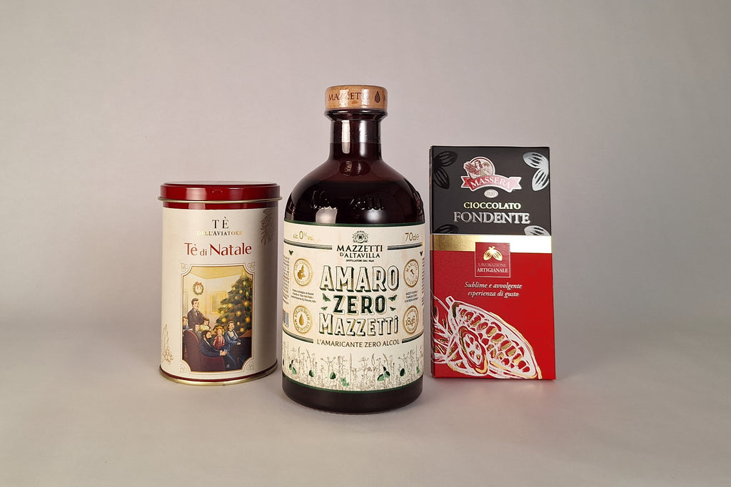 Confezione di Natale con tè della Drogheria Carpano e cioccolato Massera e amaro zero mazzetti