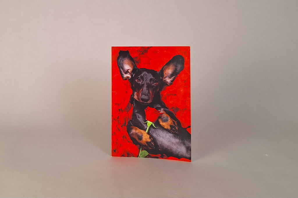 Cartolina A6 pieghevole Bassotto Innamorato di Bevande Miscelate, biglietto San Valentino ironico e romantico.