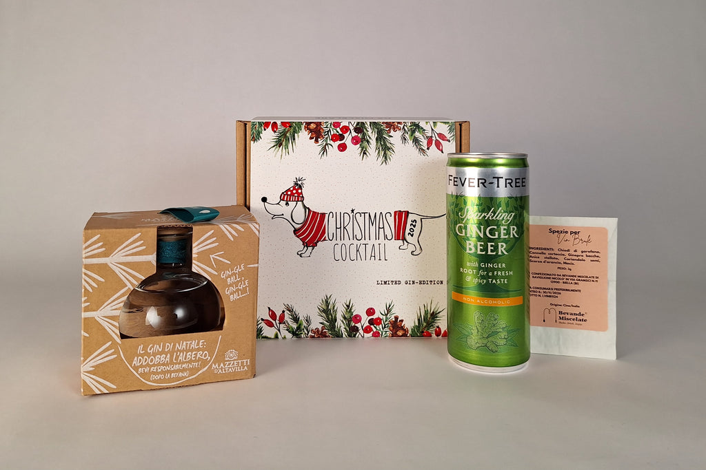 Idea regalo di Natale elegante: kit cocktail con gin, spezie e ginger beer in edizione limitata.