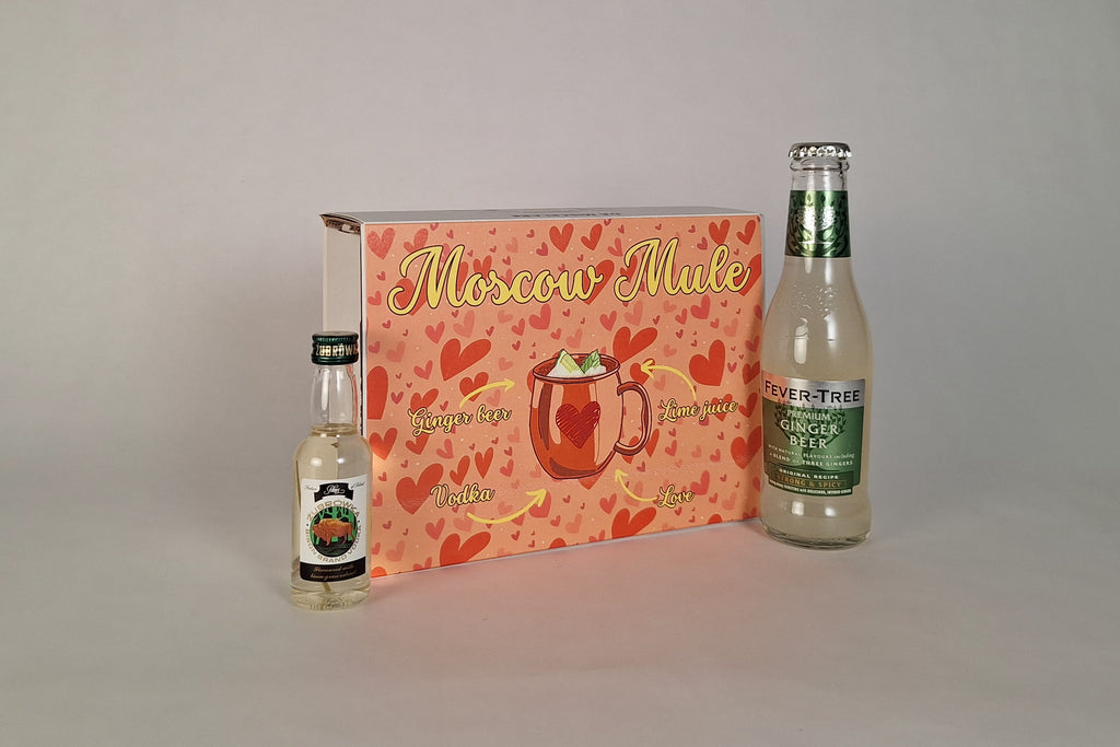 Confezione regalo Moscow Mule Kit per San Valentino, con ingredienti e ricetta inclusa.