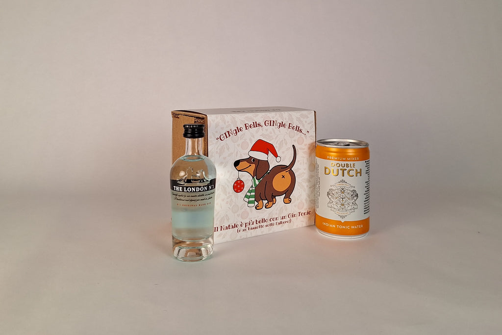 Confezione regalo natalizia con gin, acqua tonica e grafica bassotto