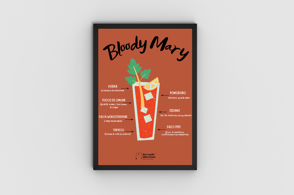 Poster Bloody Mary Bevande Miscelate 30x40 cm – stampa ironica su carta Color Copy 200 g dedicata al famoso cocktail a base di vodka e pomodoro.