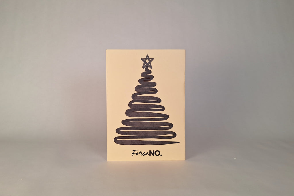Retro quadernino ForseNO con disegno albero di Natale stilizzato nero.