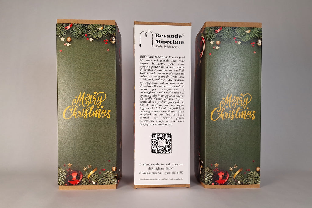 Scatole regalo natalizie Bevande Miscelate con fascia Merry Christmas, confezioni per bottiglie eleganti e curate nei dettagli, perfette come idee regalo di Natale.