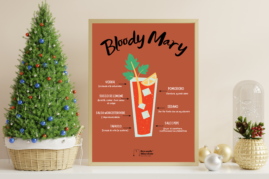 Stampa cocktail Bloody Mary firmata Bevande Miscelate, poster 30x40 cm con illustrazione originale e ricetta umoristica perfetta per bar o cucina.