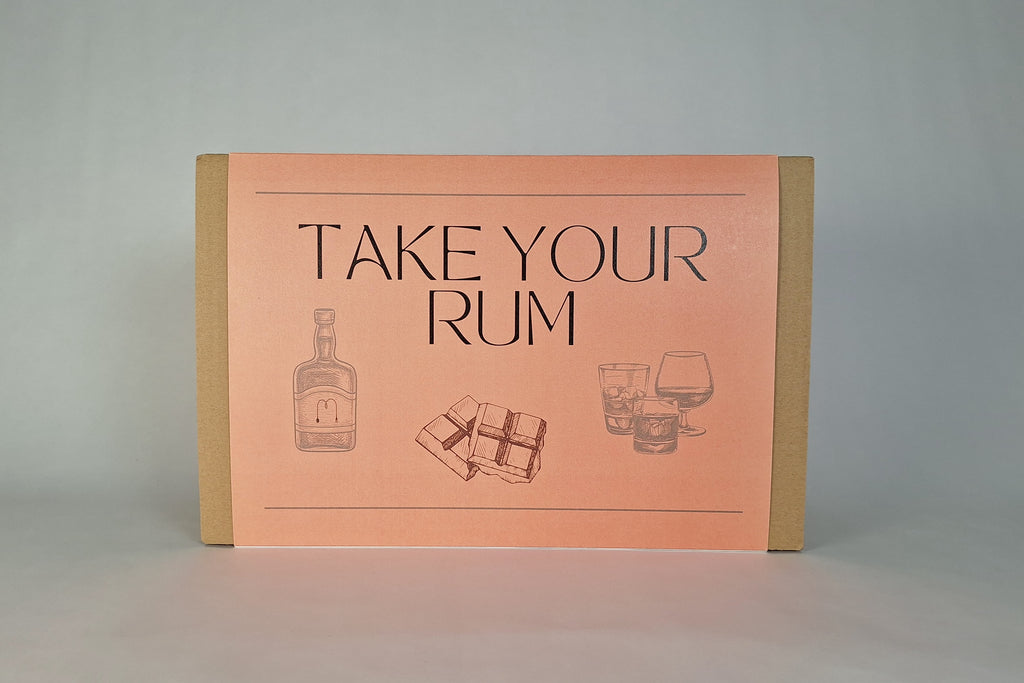 ake Your Rum bottiglia grande con cioccolato e calice