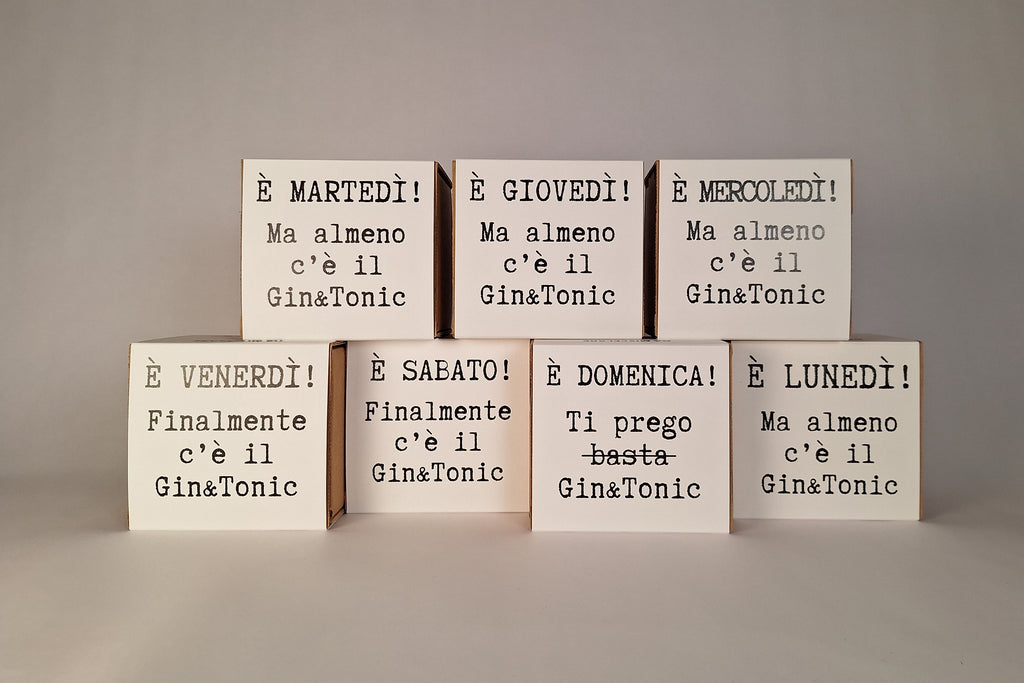 7 confezioni differenti con i giorni della settimana e all'interno il cocktail kit gin tonic