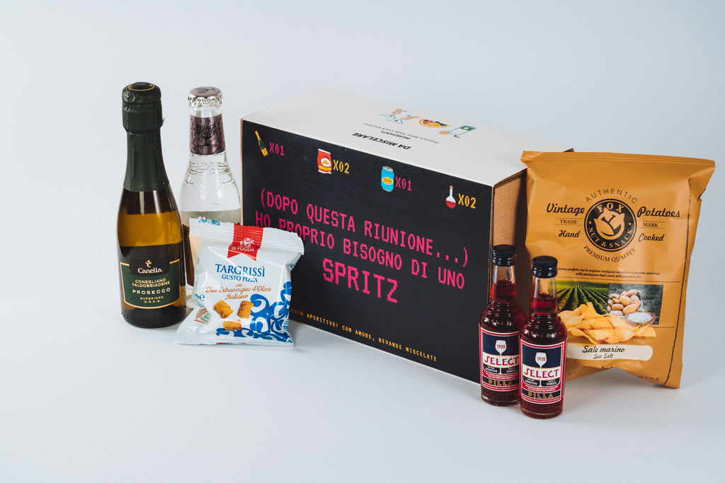 Aperitivo Spritz a casa con kit completo: prosecco, bitter e ricetta.
